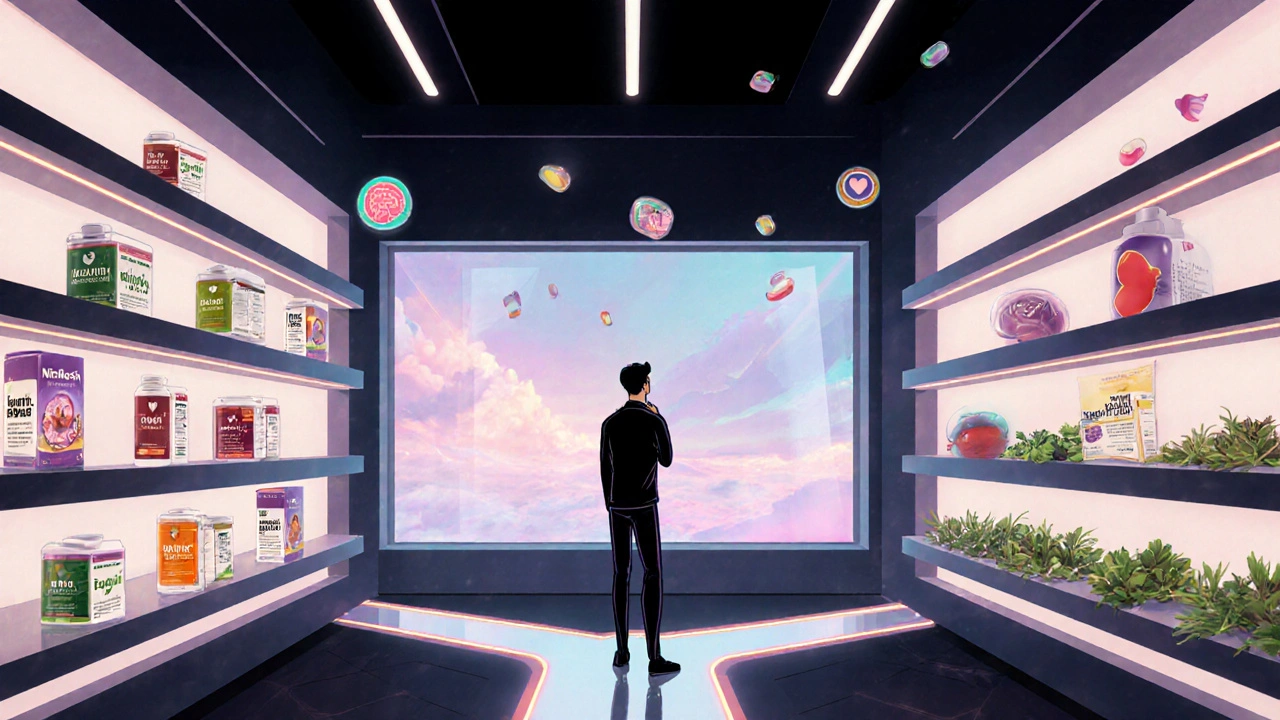 A character stands before neon‑lit floating herb capsules, contemplating which supplement to pick.