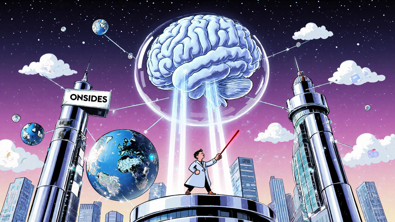 A giant brain with database towers projects side effect patterns across a futuristic city.