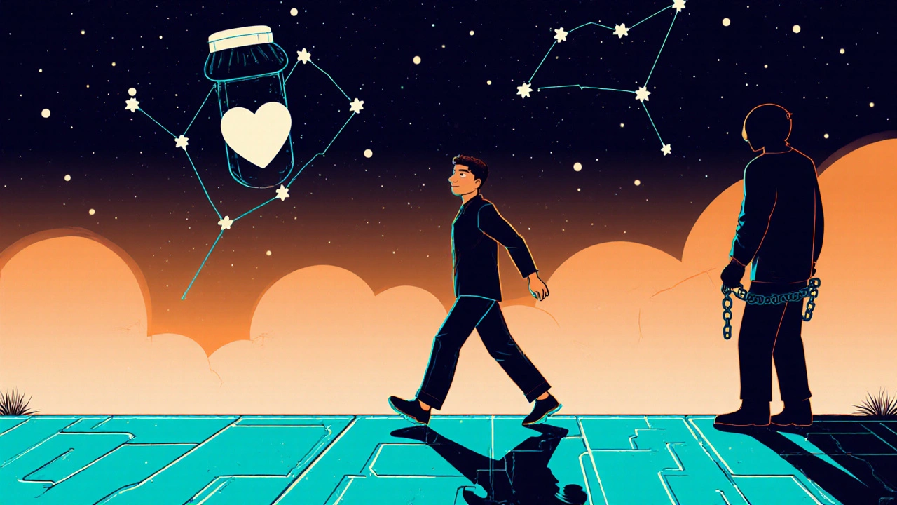 A person walks under a constellation shaped like a pill and heart, leaving stigma behind.