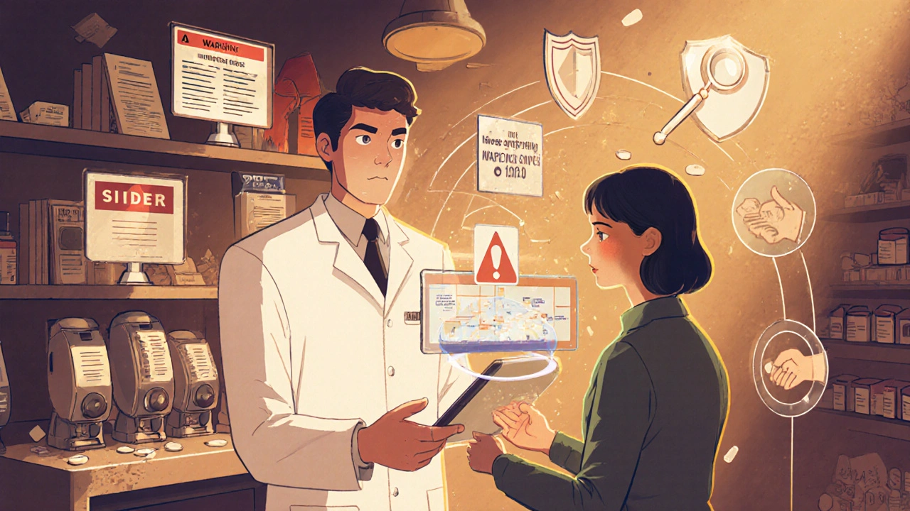 A pharmacist hands a patient a tablet showing the evolution of drug safety information.