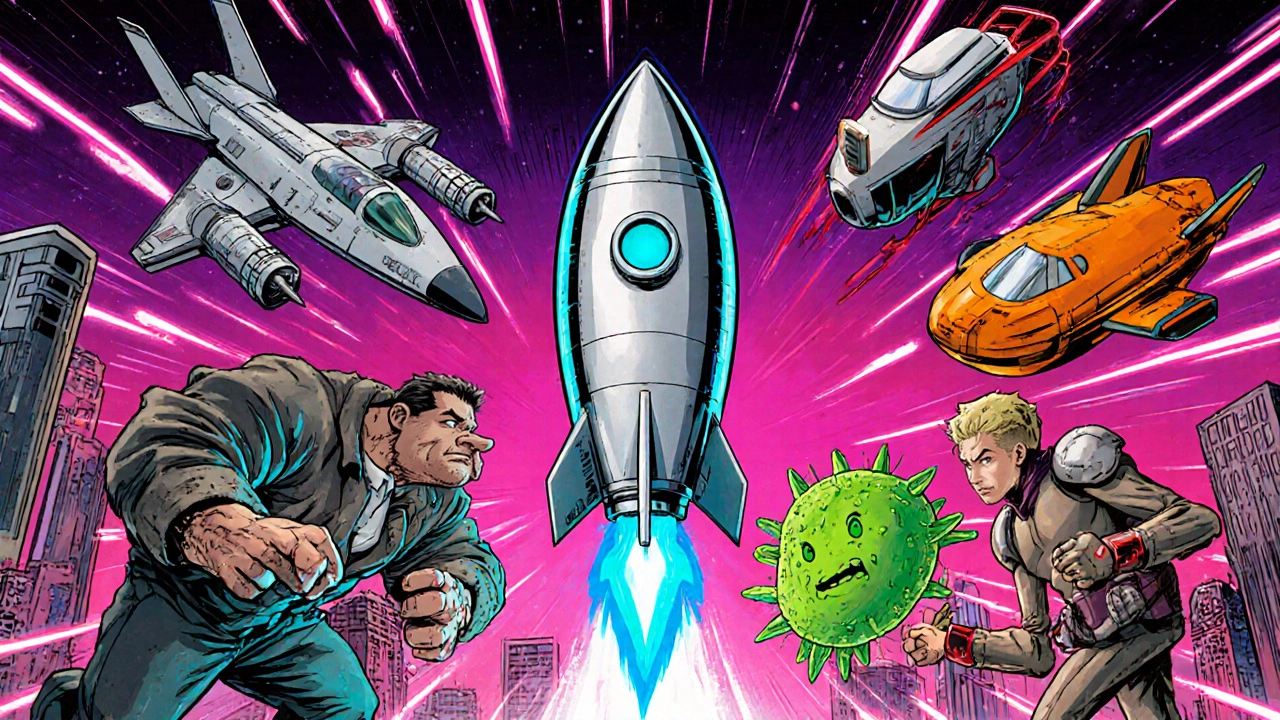 Anthropomorphic antibiotics battling a green bacterial alien ship in a comic panel.