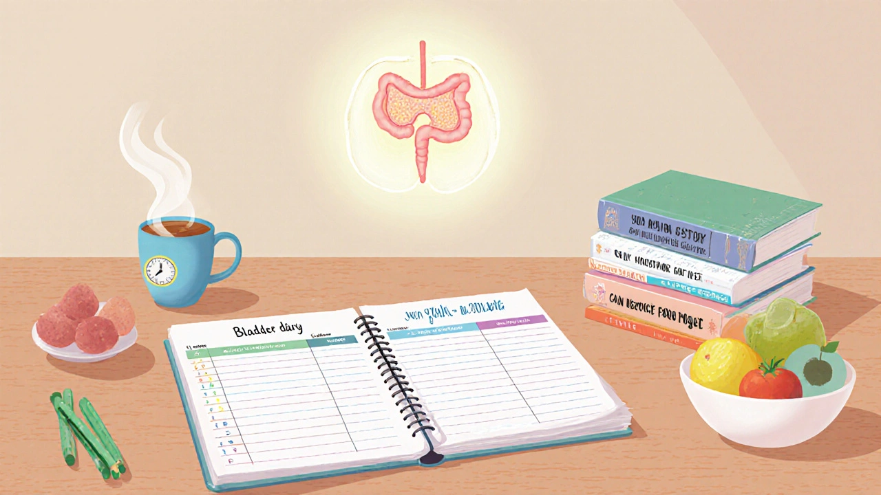 Bladder diary on table with markers, tea, and calming bladder illustration.