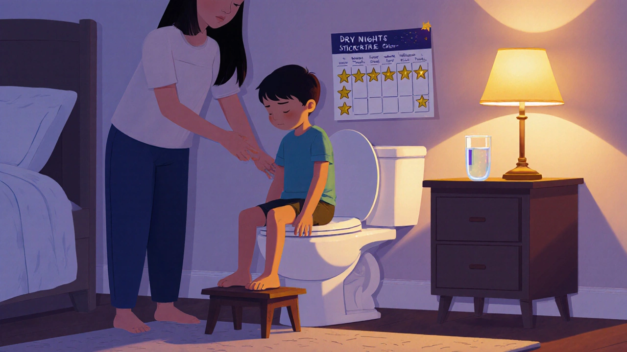 Child on footstool practices pelvic exercises with reward chart nearby.