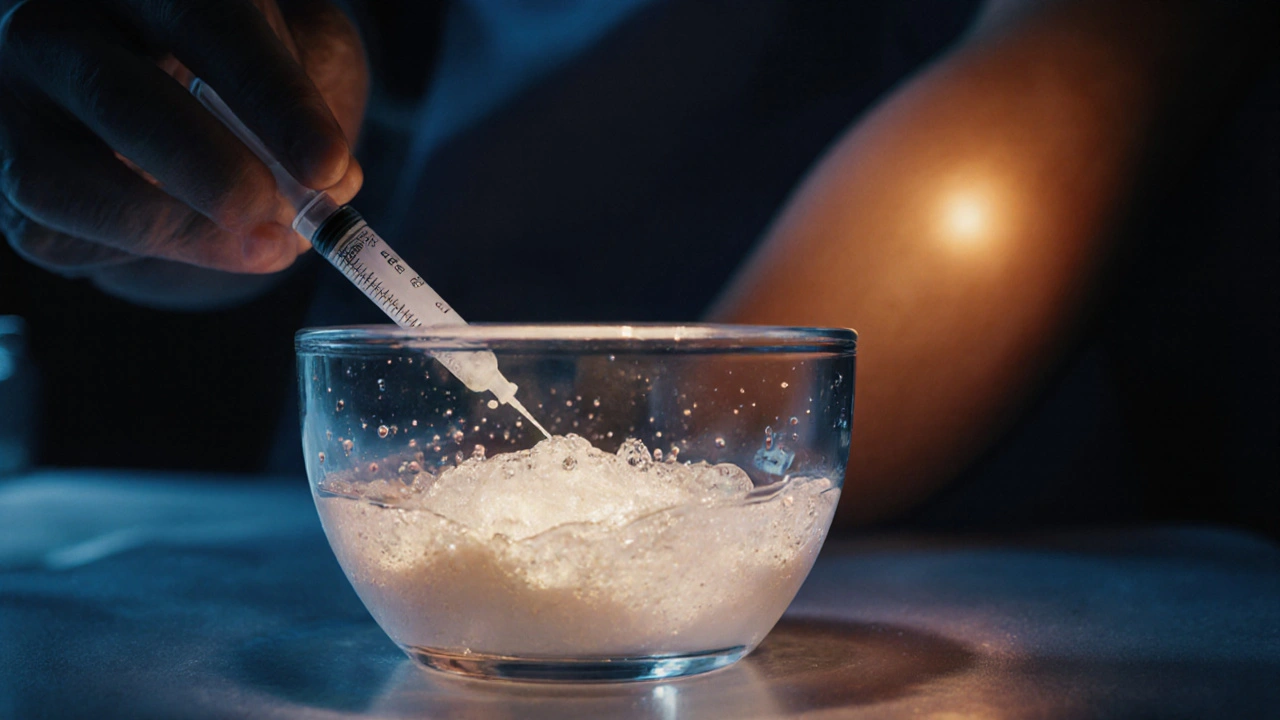 Clinician mixing lidocaine and epinephrine beside a glowing injection site.