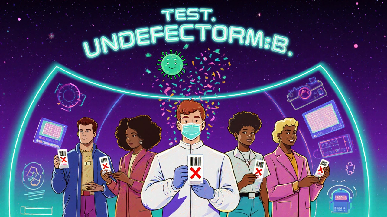 Diverse people in retro-futuristic gear receive HIV test results that dissolve viruses into confetti.