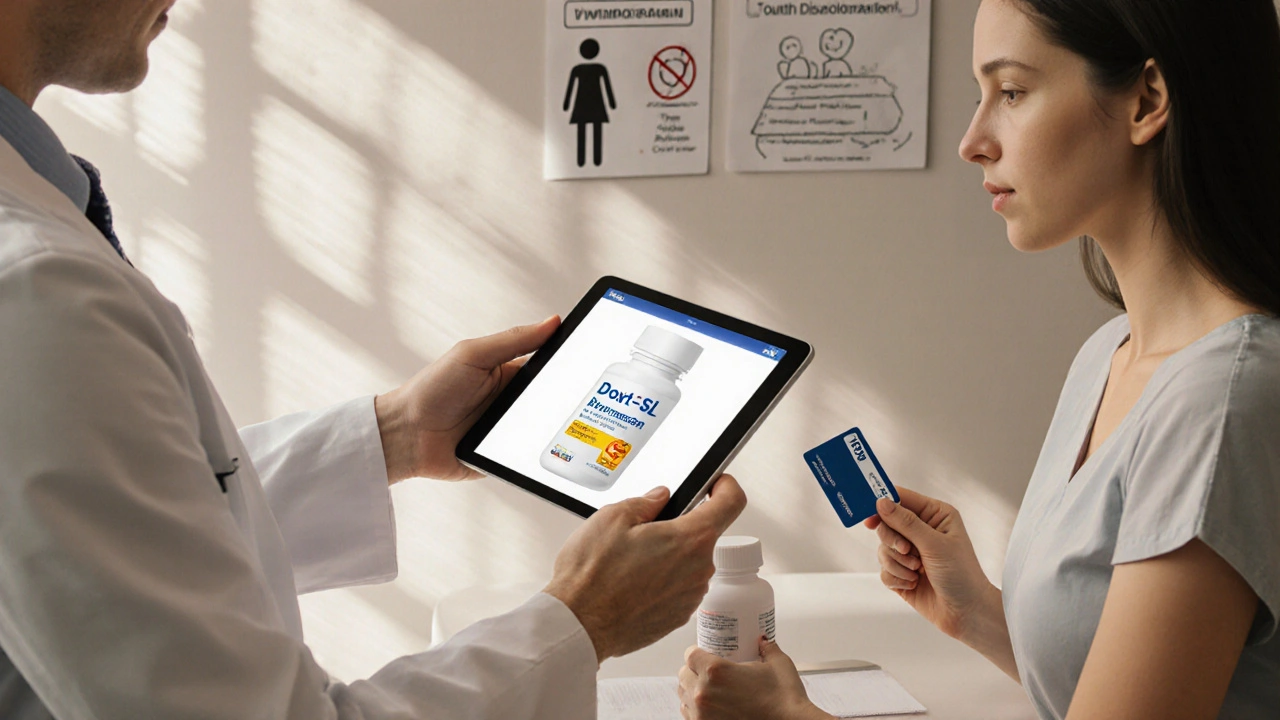 Doctor discussing Doxt‑SL with a patient, showing sunscreen, insurance card, and safety warnings.