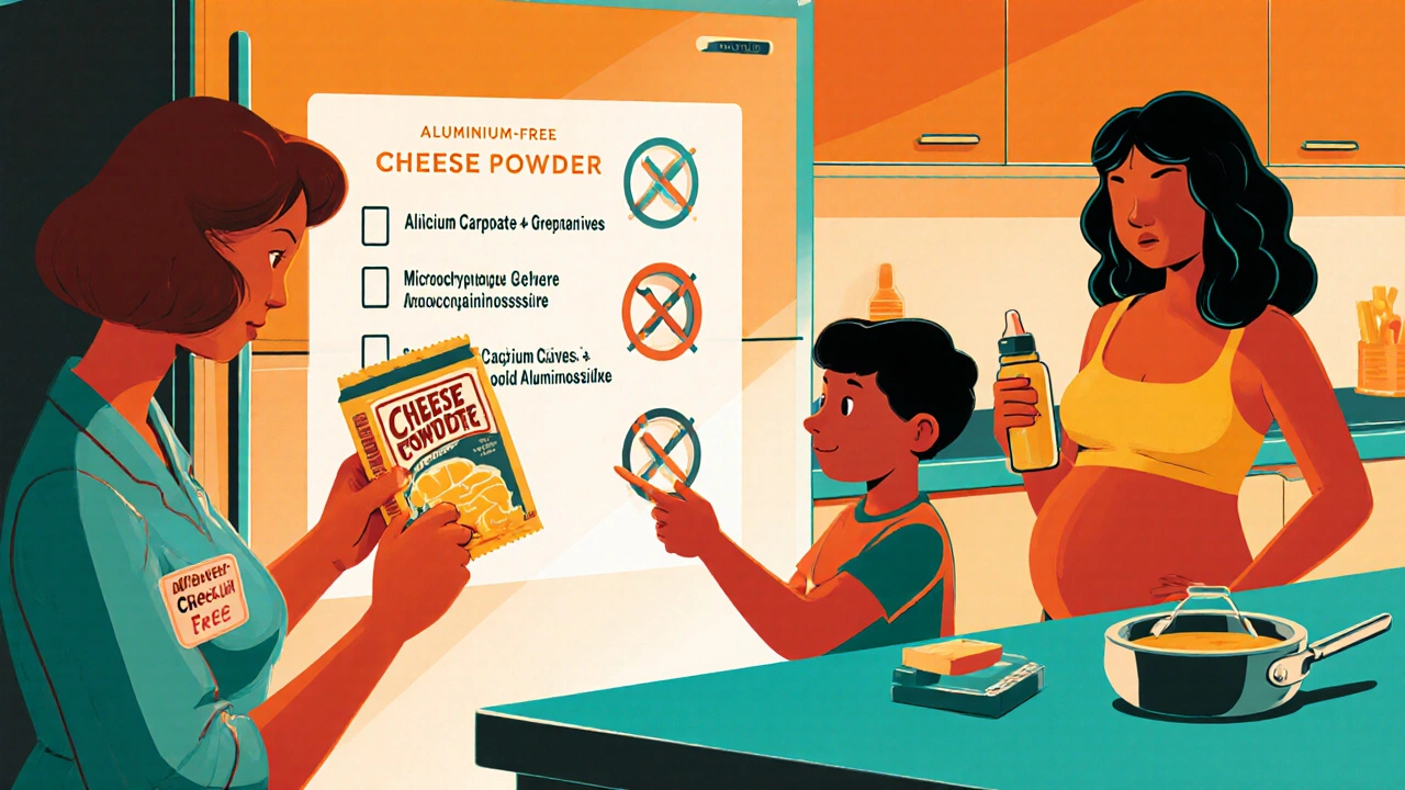 Family checking labels in a neon kitchen, highlighting aluminiumâfree alternatives and safety.