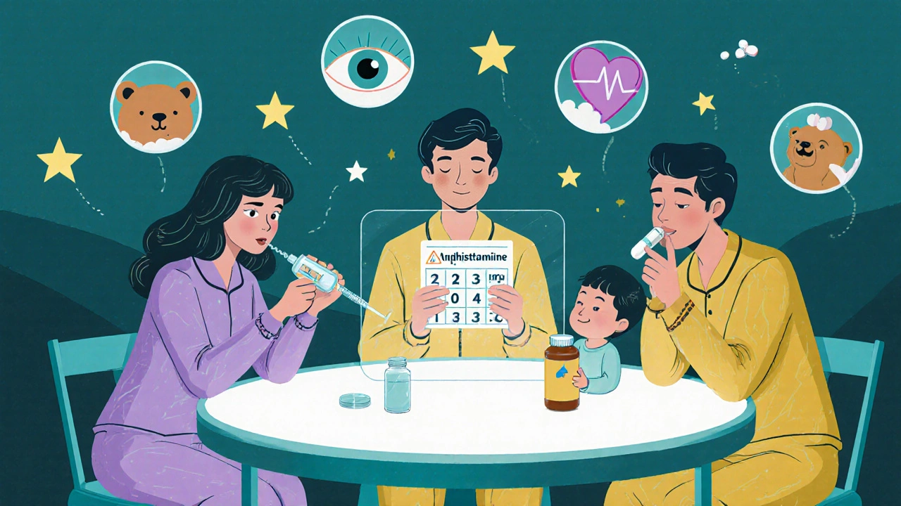 Family measuring medicine at a glowing table with holographic dosing chart and star-shaped chewable tablet.
