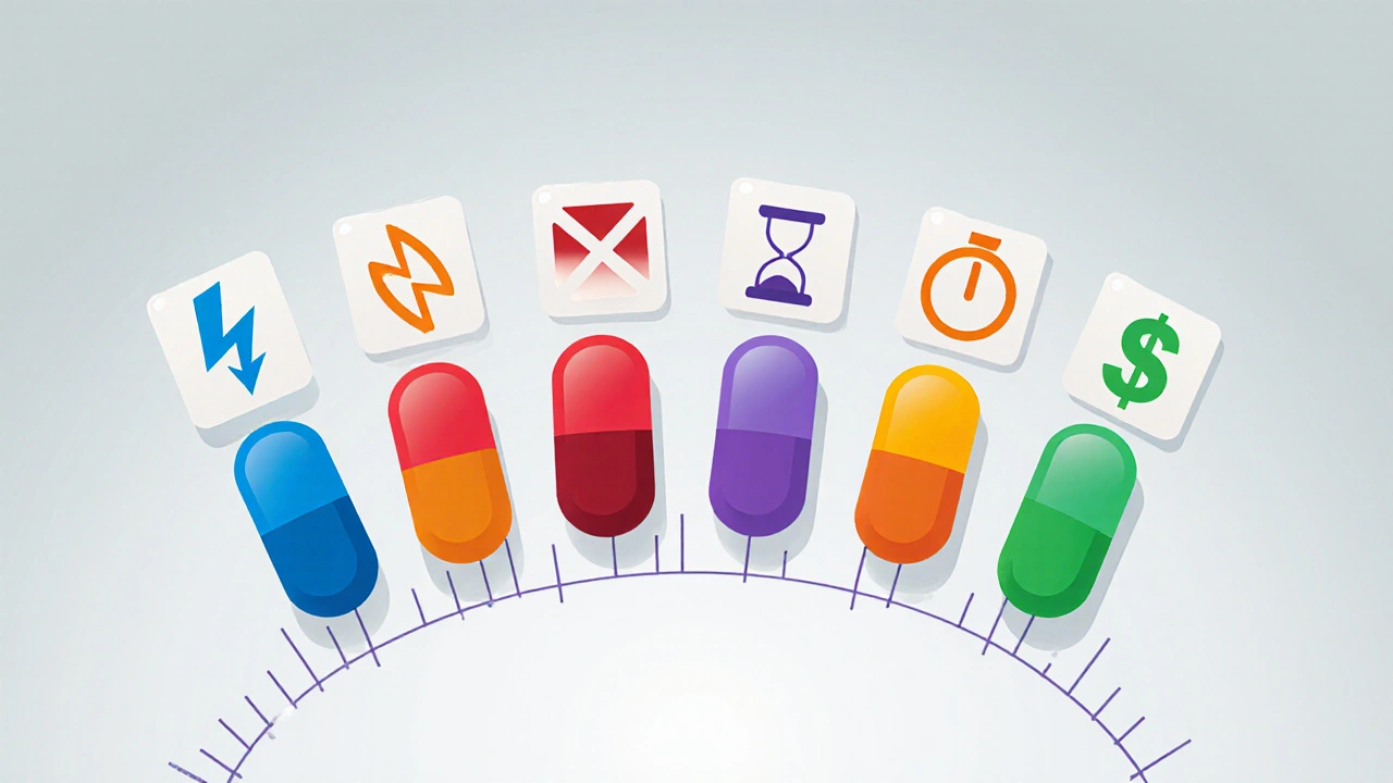 Five ED pills with icons for speed, duration, and cost arranged in a flat‑lay.