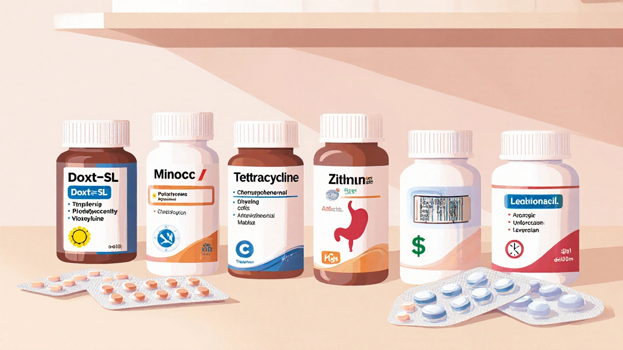 Flat illustration of various antibiotic bottles with icons for cost, side effects, and dosing frequency.
