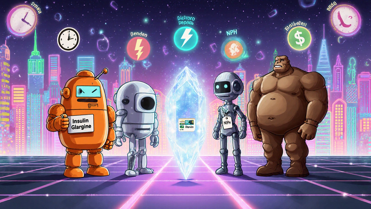 Four cartoon characters representing Glargine, Detemir, Degludec, and NPH with floating attribute icons.