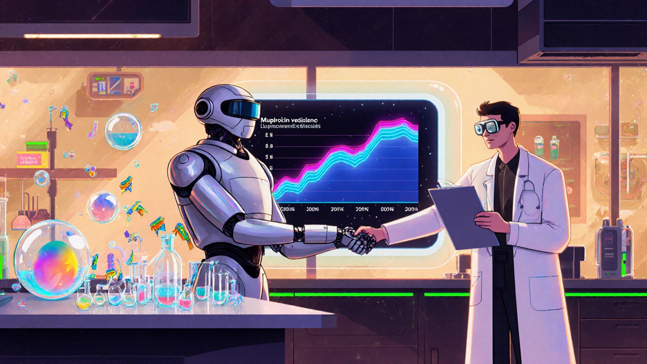 Future hospital hub with holographic resistance graph, robot pharmacist, liposomes and phages.