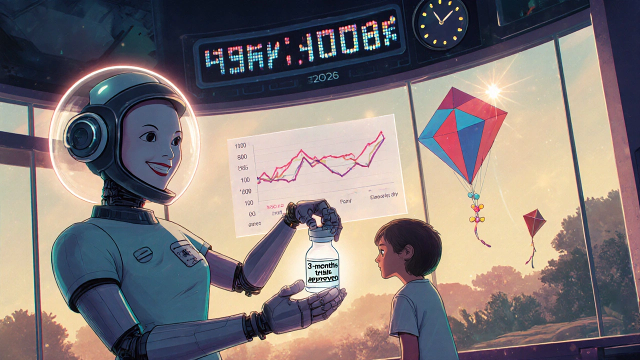 Futuristic clinic with animated charts showing antihistamine trends, robot nurse handing a vial to a parent.