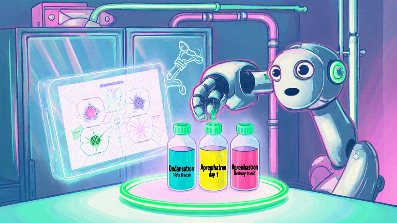 Futuristic robot dispensing Ondansetron, Aprepiton, and Dexamethasone syringes on a glowing tray.