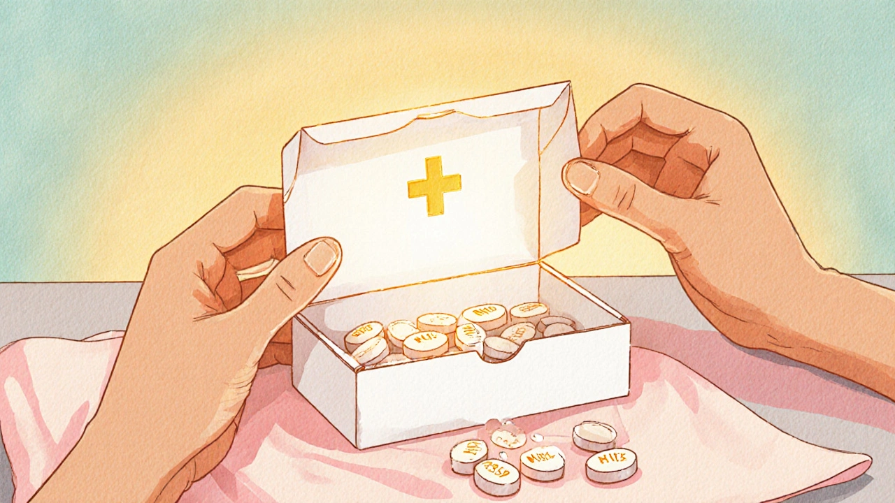 Hands opening a delivery box and inspecting metformin pills against a soft backdrop.