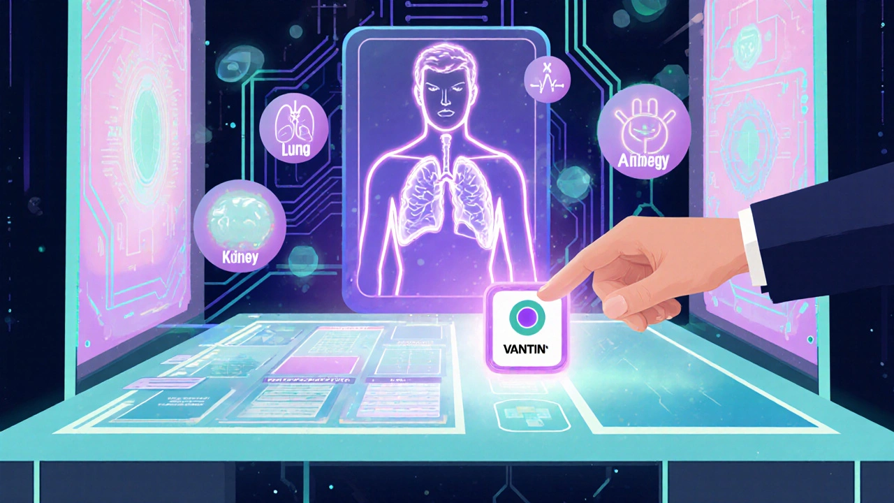 Holographic console with patient icons, selecting Vantin amid floating data.