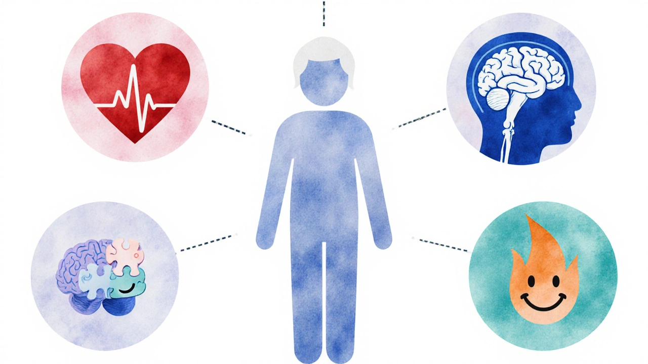 Illustrated health dashboard showing heart, bone, brain, mood, inflammation, and kidney icons around a person.