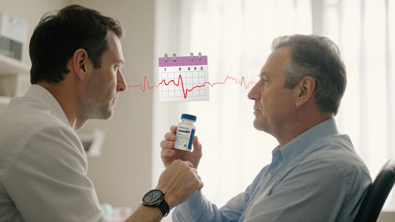 Man consulting a doctor holding avanafil bottle, with heart line and calendar backdrop.