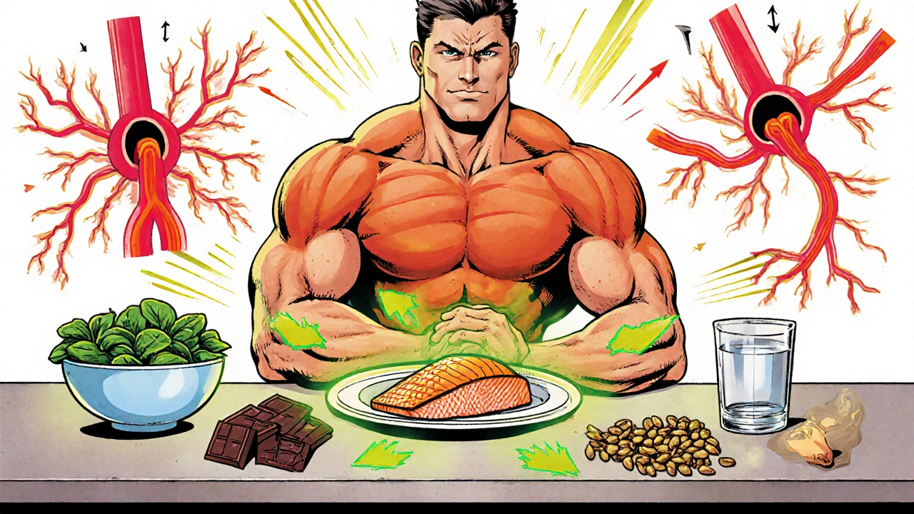 Man in kitchen with spinach, salmon, pumpkin seeds, dark chocolate, and water glowing with health aura.