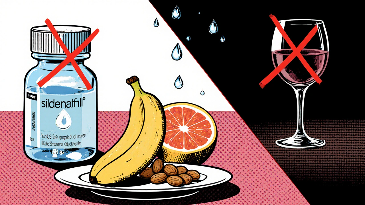 Man with low‑fat snack, sildenafil pills, water bottle; crossed‑out grapefruit and wine indicating avoidances.