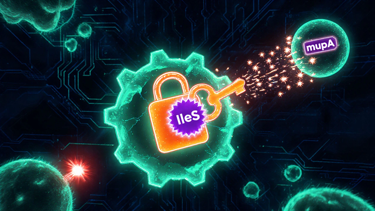 Microscopic scene showing mupirocin binding, mutation crack, and plasmid with mupA gene.