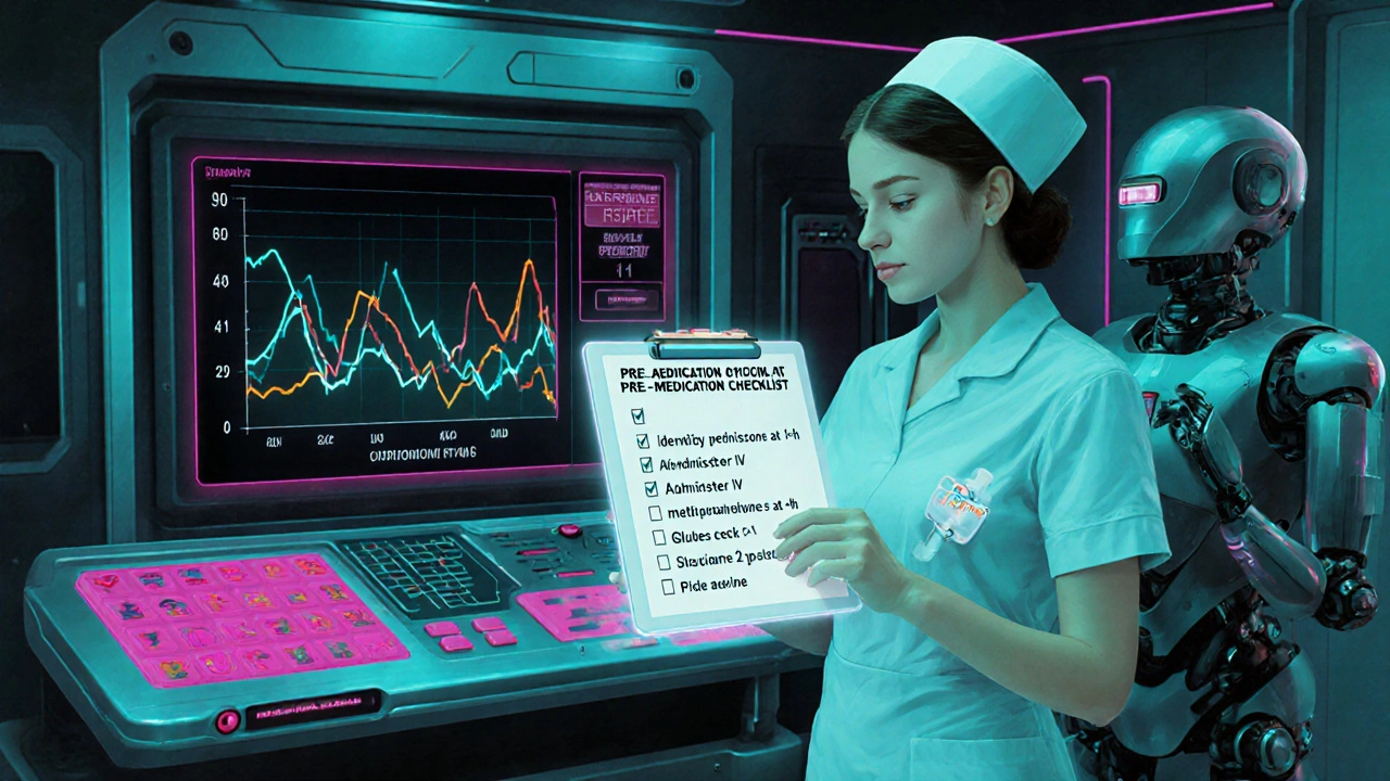 Nurse reviewing a holographic pre‑medication checklist in a retro‑futuristic control room.