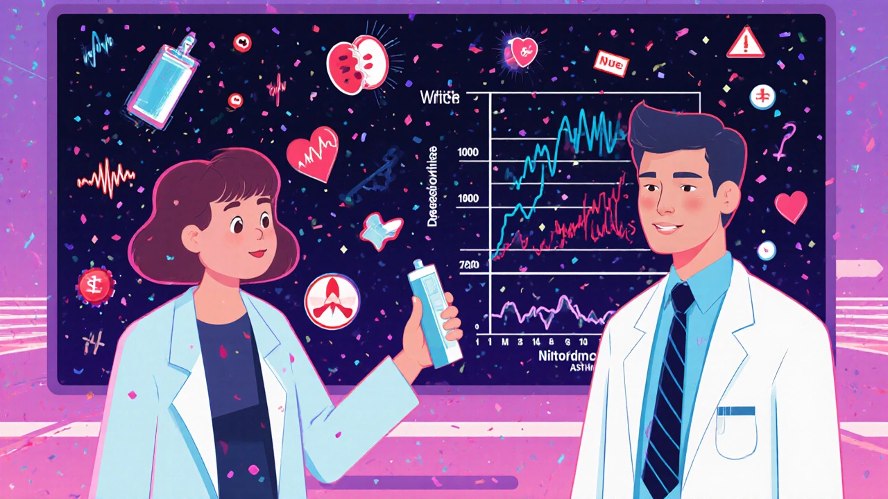 Patient and doctor beside a chart comparing asthma-safe and unsafe blood pressure meds in retro-futuristic style.