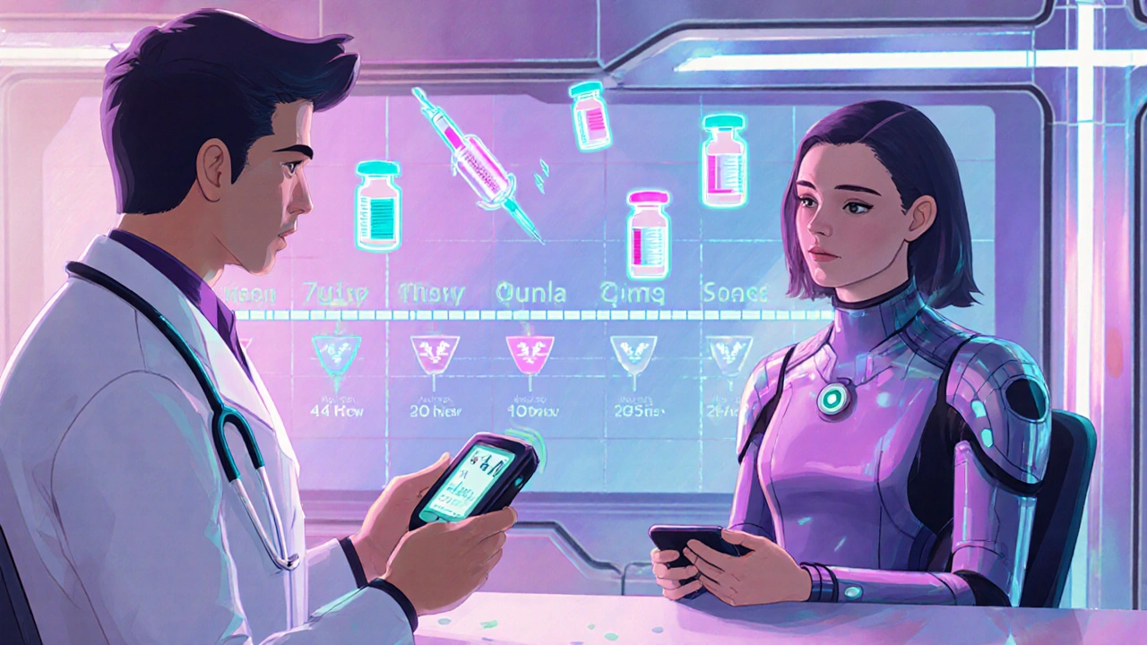 Patient and doctor reviewing holographic insulin options and flexible dosing timeline.