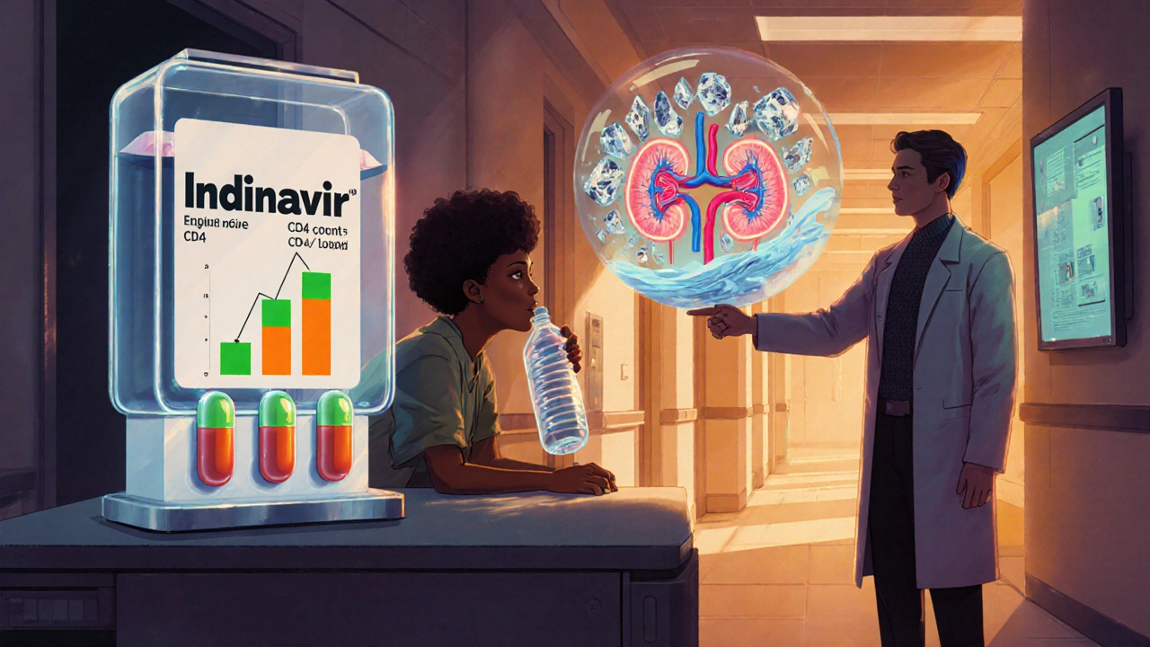 Patient drinks water beside holographic Indinavir pills, with kidney stone illustration.