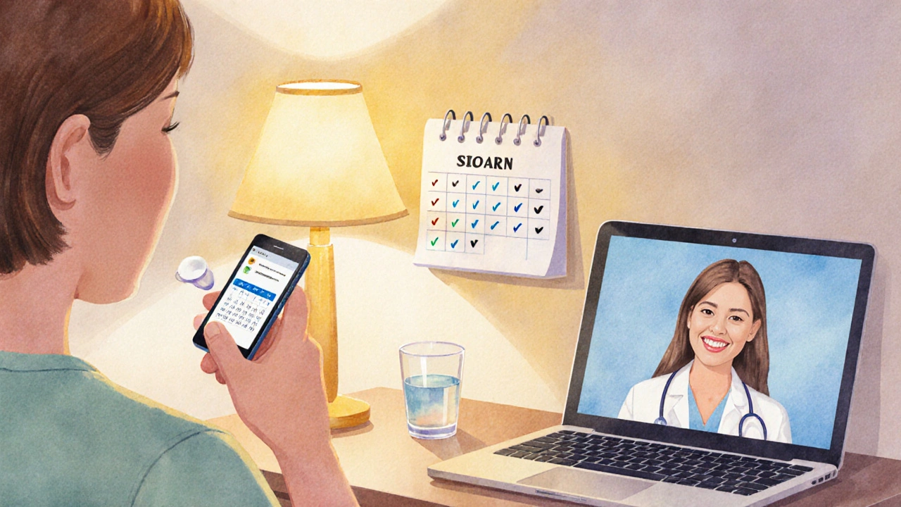 Patient taking Solian tablet at home, calendar shows daily dose, video‑calling doctor.