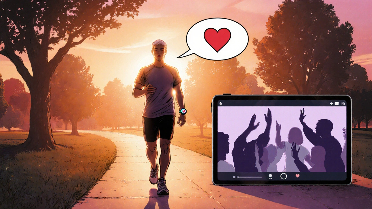 Patient walks in sunrise park wearing a smartwatch, with a virtual support group on a tablet, comic style.