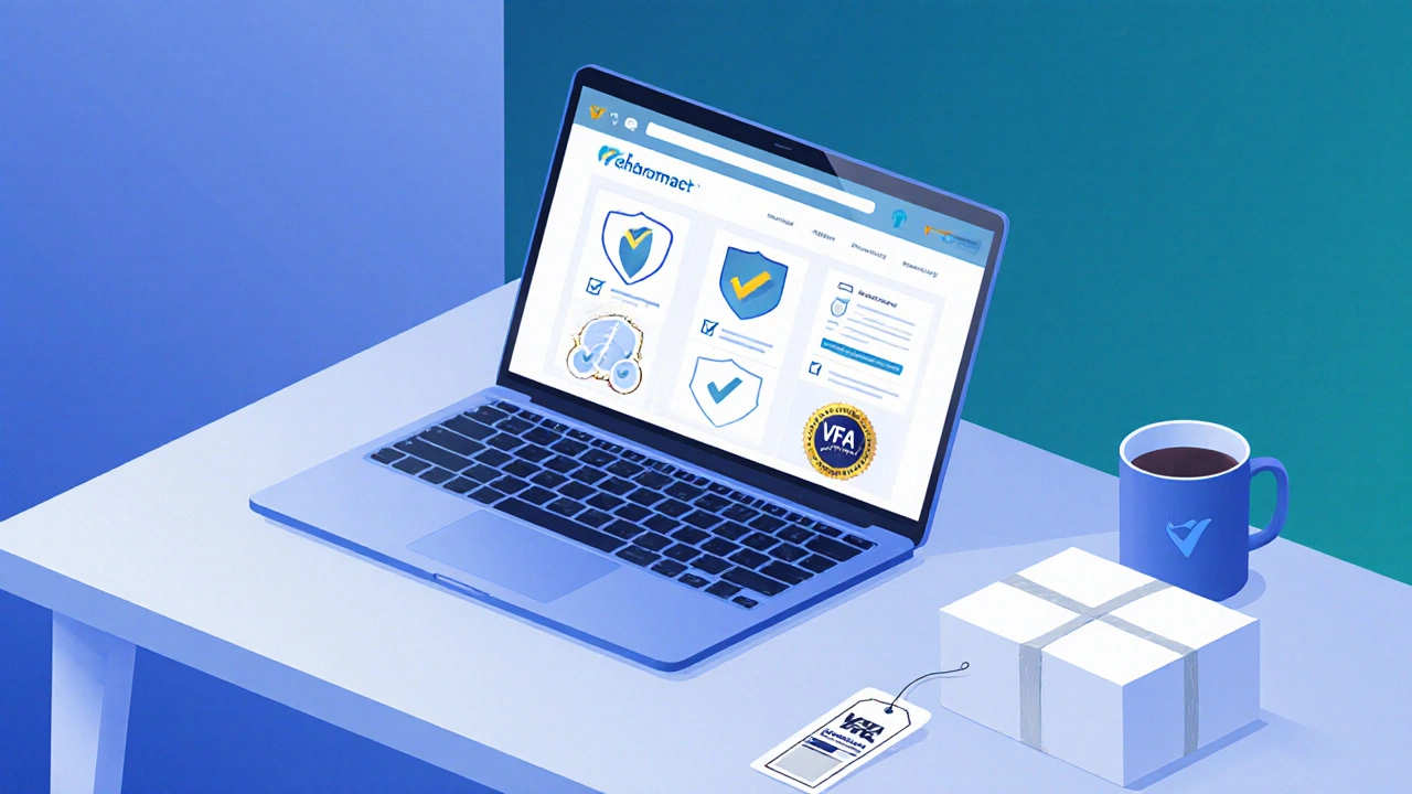 Person using a laptop at home, checking an online pharmacy safety checklist beside a sealed medication package.