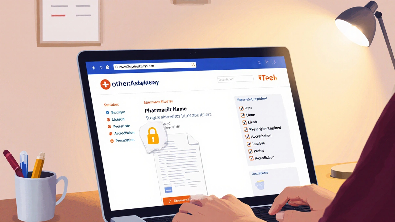 Person using laptop to verify a secure online pharmacy with checklist.