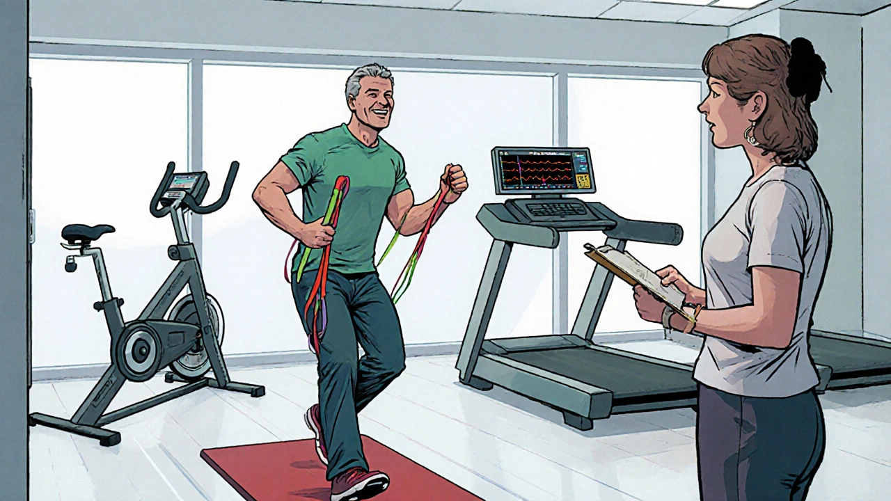 Rehab clinic scene with patient on treadmill, physiotherapist, and resistance bands, comic illustration.