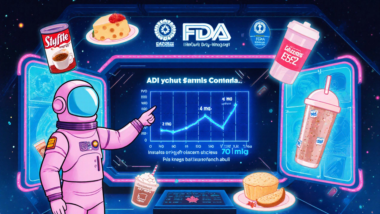 Retro command center with holographic screens showing ADI values and food icons labeled E522.