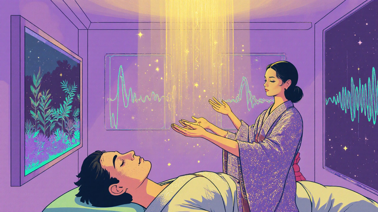 Retro‑futuristic illustration of a Reiki practitioner placing glowing hands over a patient.