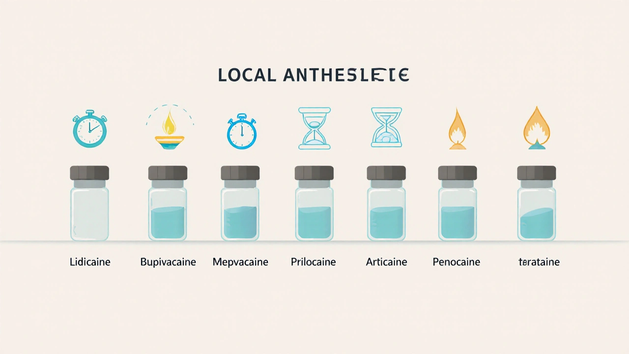 Row of eight anesthetic vials with icons showing onset, duration, and potency.