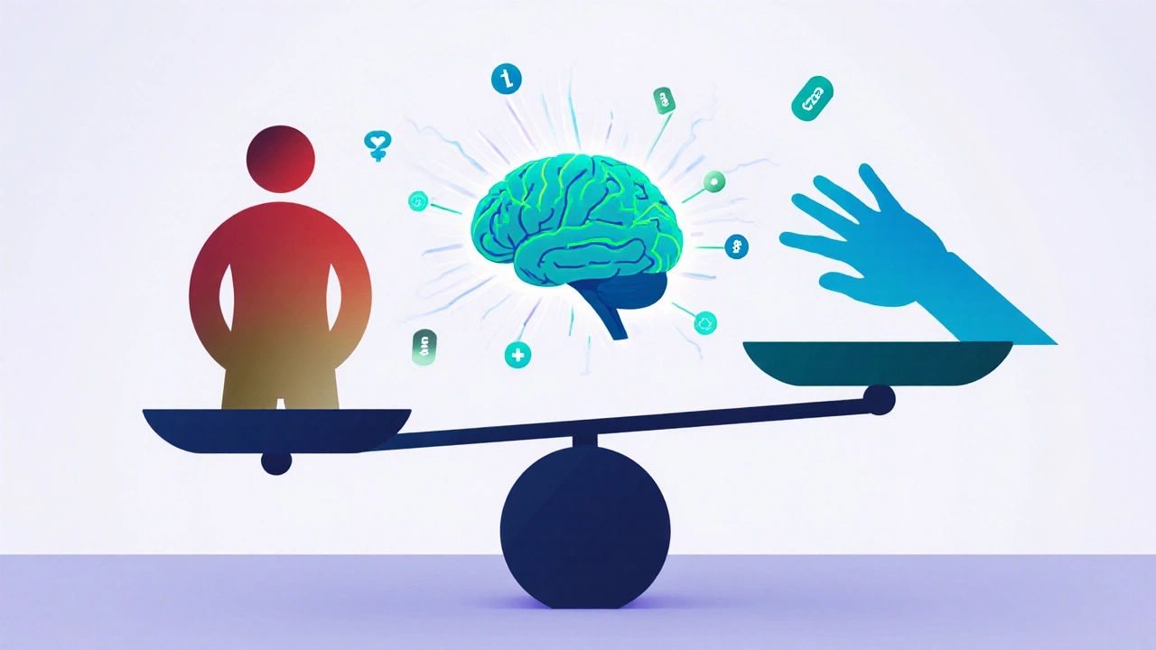Scale balancing weight‑gain silhouette and tremor hand, with a glowing brain at the center.