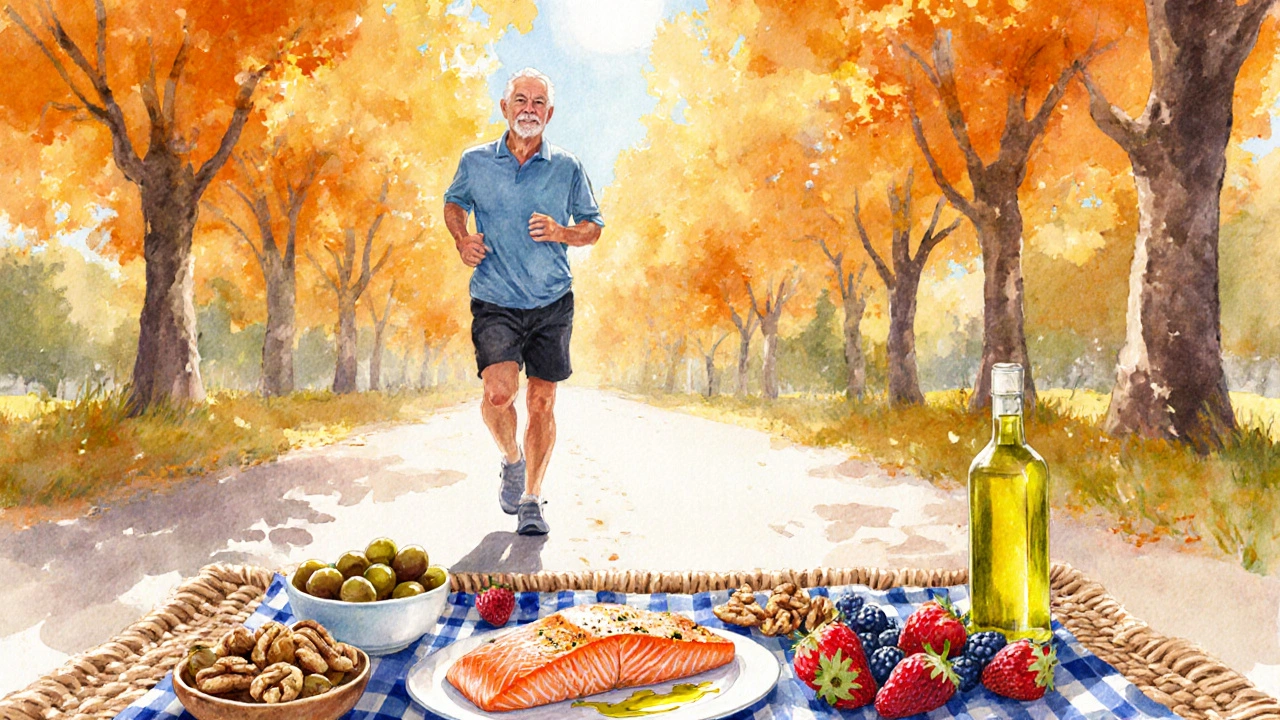 Senior walking in a sunny park, with colorful Mediterranean foods displayed nearby.