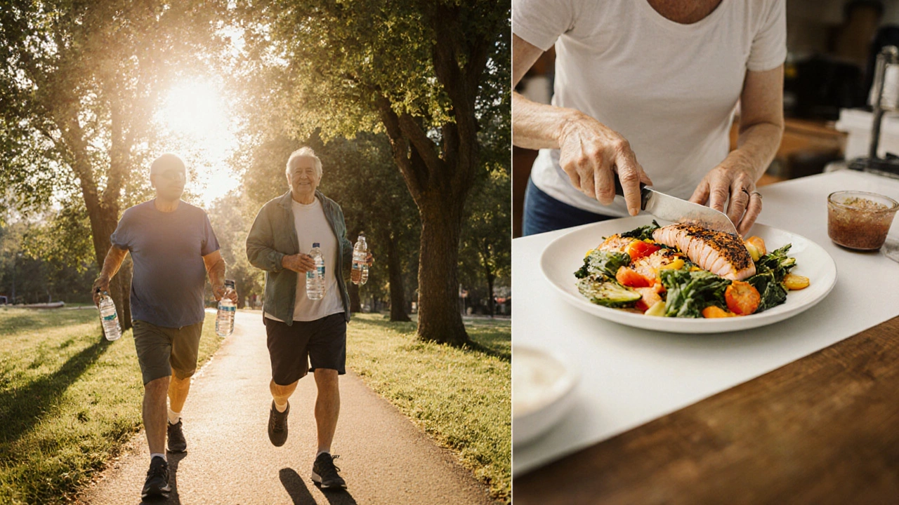 Senior walking with a friend in a park and cooking a Mediterranean meal at home for healthy living.