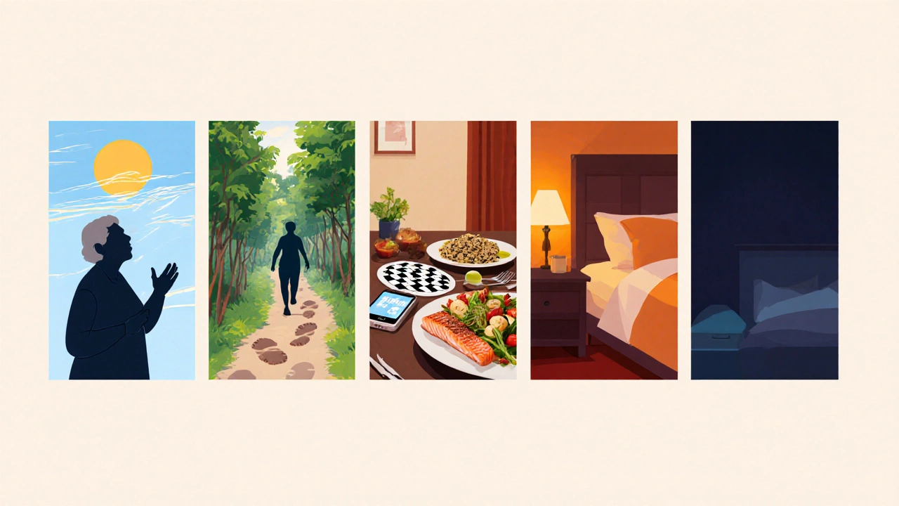 Series of daily activities—mindfulness, walk, puzzle, dinner, sleep—shown as a visual routine for an older adult.