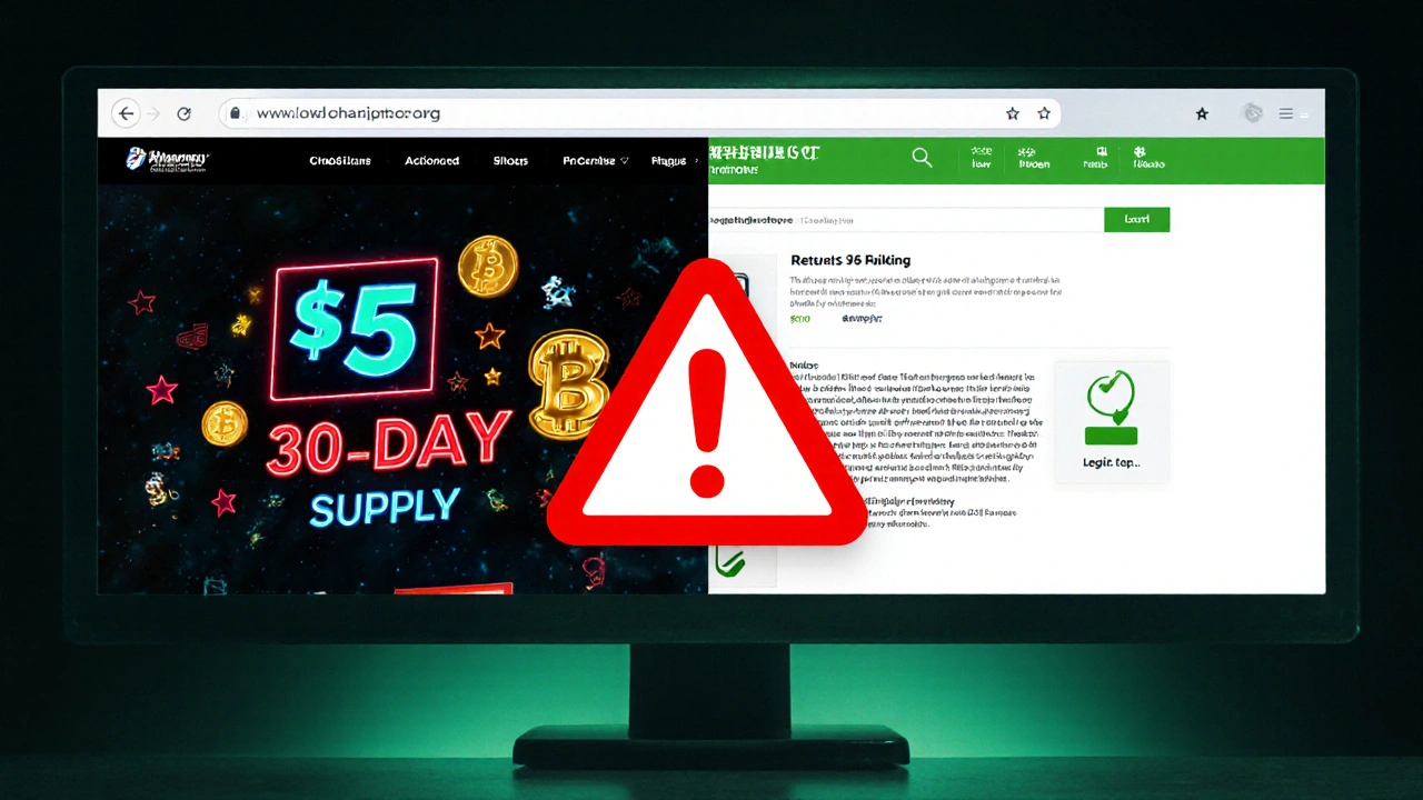 Split scene of scam website vs reputable pharmacy with warning symbols.