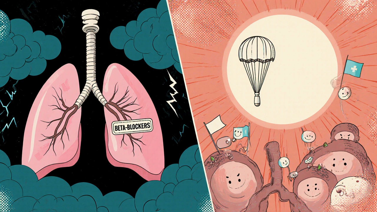 Split scene: stormy lungs crushed by beta-blockers vs. peaceful lungs lifted by nifedipine capsules.