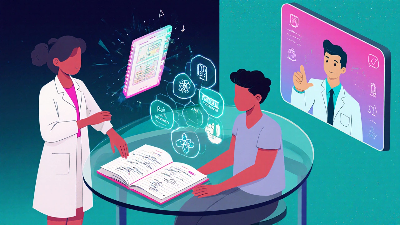 Stylized scene of a patient tracking Reiki sessions alongside medical treatments in a high‑tech integrative care room.