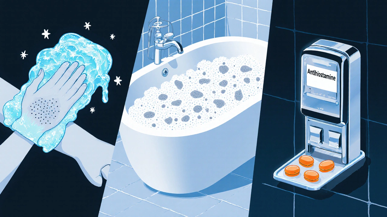Three bathroom panels: cold compress on arm, oatmeal bath, antihistamine pills.