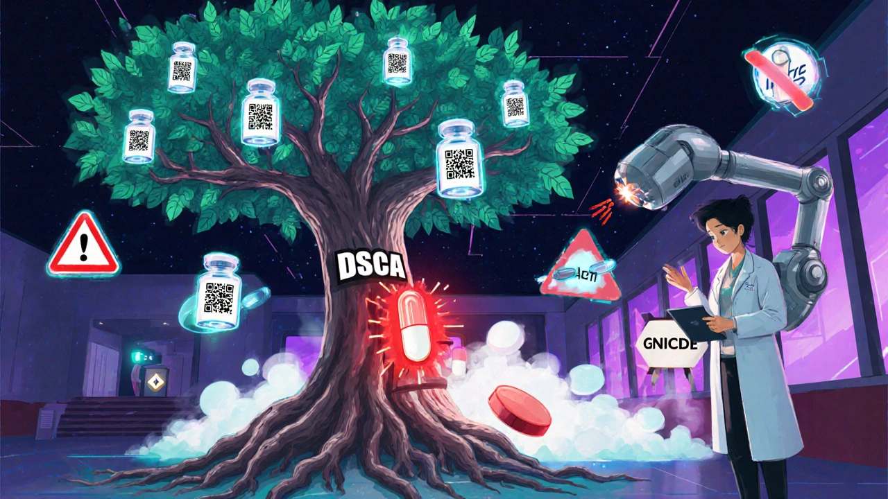A blockchain tree with digital vials in a futuristic hospital, scanning a fake pill that triggers an alarm.