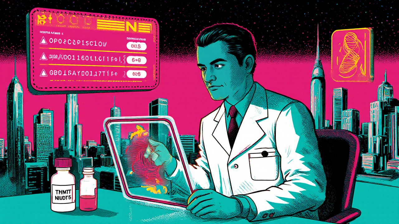 A doctor examining a holographic blood count with a genetic test vial on the desk, set in a retro-futuristic lab with neon lighting.