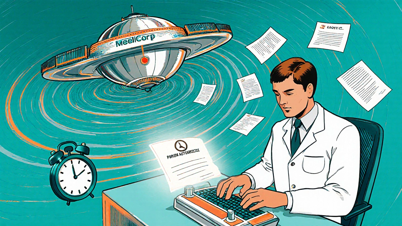 A doctor sending a prior authorization request through a wormhole to an insurance satellite.