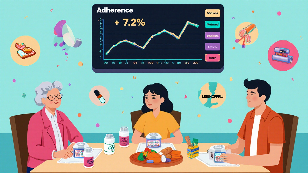 A family shares a meal with glowing auto-refill pill dispensers and a floating adherence chart above them.