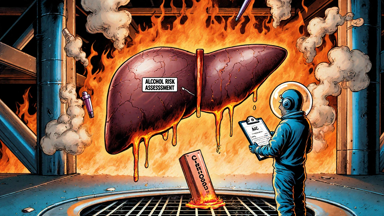 A fiery liver warehouse melts glucose bars as a doctor in a space suit monitors rising A1C levels in a retro-futuristic scene.